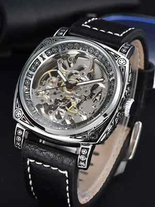 Luxury Skeleton Mechanical Watch Waterproof Leather Strap Luminous Dial - Picture 1 of 17