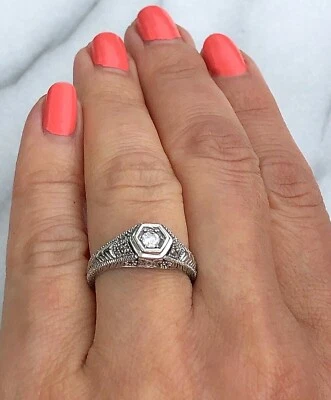 Anillo Art Deco Diamante De Colección Oro Blanco 14K Filigrana Patrimonio Joyería Fina Usado Foto 1 de 4