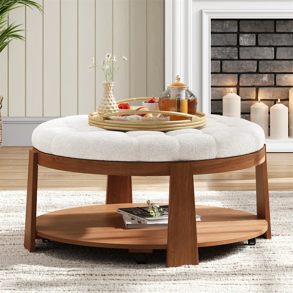 Oversized Button Tufted Wheels Modern Ottoman Round Ottoman Coffee Table 2-Tier - Image 1 of 4