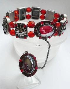 Ring + Armband Strass elastisch Metall Schmuck rot silber schwer NEU - Bild 1 von 2