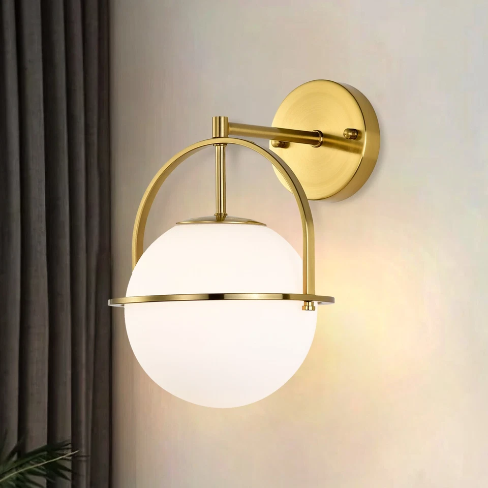 ASHOP Modern Gold Wall Sconce Light 7.1'' Frosted Glass Globe Wall Lamp for Bedroom