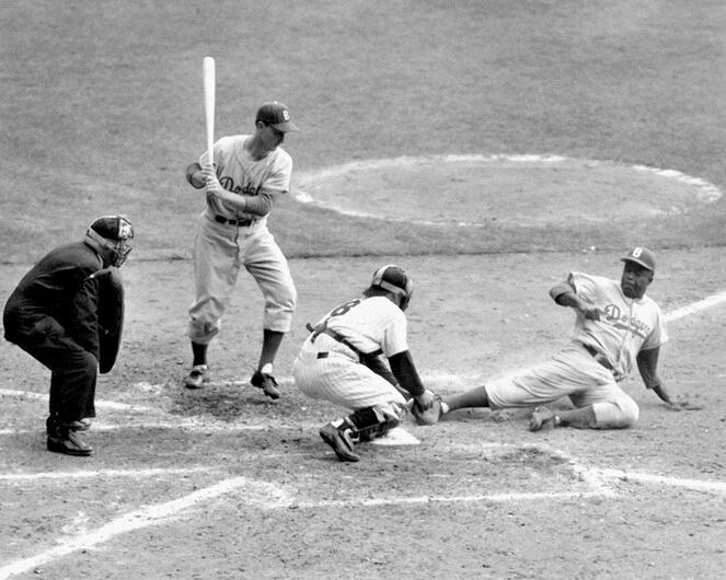 1955 World Series Brooklyn Dodgers JACKIE ROBINSON Glossy 8x10 Photo Stole Home! - Image 1 of 1