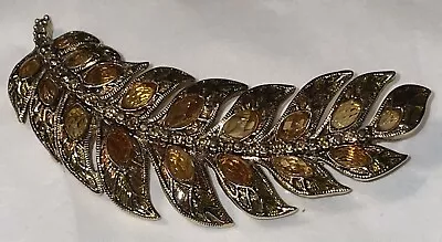 Monet Gold Tone Rhinestone Brooch Pin Large Leaf Brown Amber Vintage - Image 1 of 4