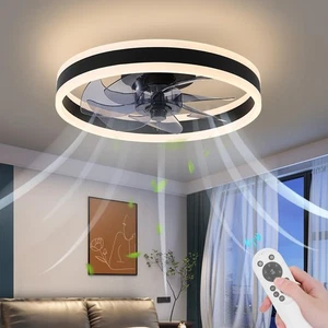AHAWILL 15.7" MODERN CEILING FAN WITH LIGHTS, FLUSH MOUNT, REMOTE - BLACK - Picture 1 of 5
