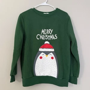 Damen Weihnachtssweatshirt grün Pinguin Print, Urlaubspullover Größe S - Bild 1 von 3