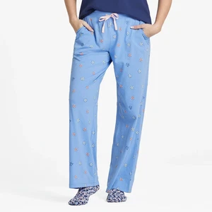 Das Leben ist gut. Damen Schlafhose Blumenmuster Kuschelhose blau Größe XL - Bild 1 von 3