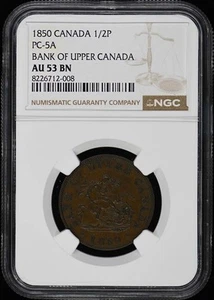 1850 CANADA PC-5A BANK OF UPPER CANADA 1/2P NGC AU53BN - Picture 1 of 2