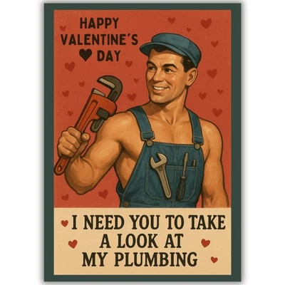 Funny Valentine’s Day Card Her Him Man Male Plumber Take A Look At My Plumbing - Image 1 of 4