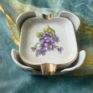 Vintage Japan Hand Painted Porcelain Set Of Ashtrays With Holder - Picture 1 of 7