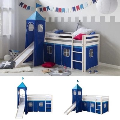 Lit mezzanine enfant 90×200 cm toboggan bois blanc rideau tour bleu Homestyle4u - Photo 1/4
