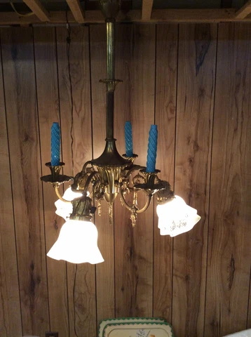 Victorian 6 Arm GAS / ELECTRIC Chandelier W/ Orig. Blue Candles & Etched Cherub Cover