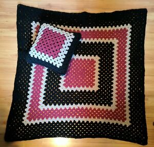 Handmade Crochet Afghan 48" Sq. w/Matching 15" Sq. Pillow Blk. Cream & Raspberry