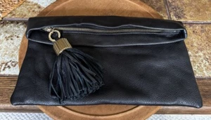India Hicks Carmen BLACK Soft Supple Leather Clutch w/Large Agra Tassel 12”x 9 - Picture 1 of 17