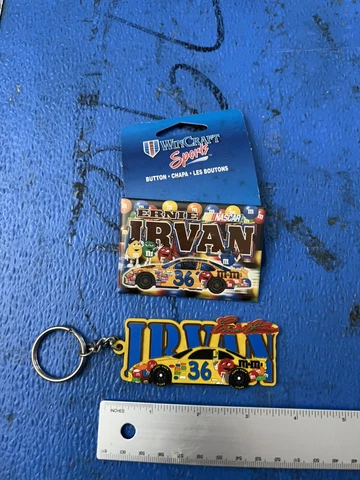 Vintage M&M’s Ernie Irvan #36 Nascar Keychain and Button Pin-back Pin Lot Cover