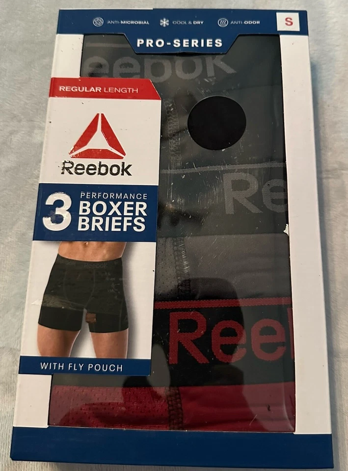 Cuecas boxer Reebok masculinas pequenas S azul vermelho preto bolsa de contorno profissional secagem fria 3 peças - Imagem 1 de 1