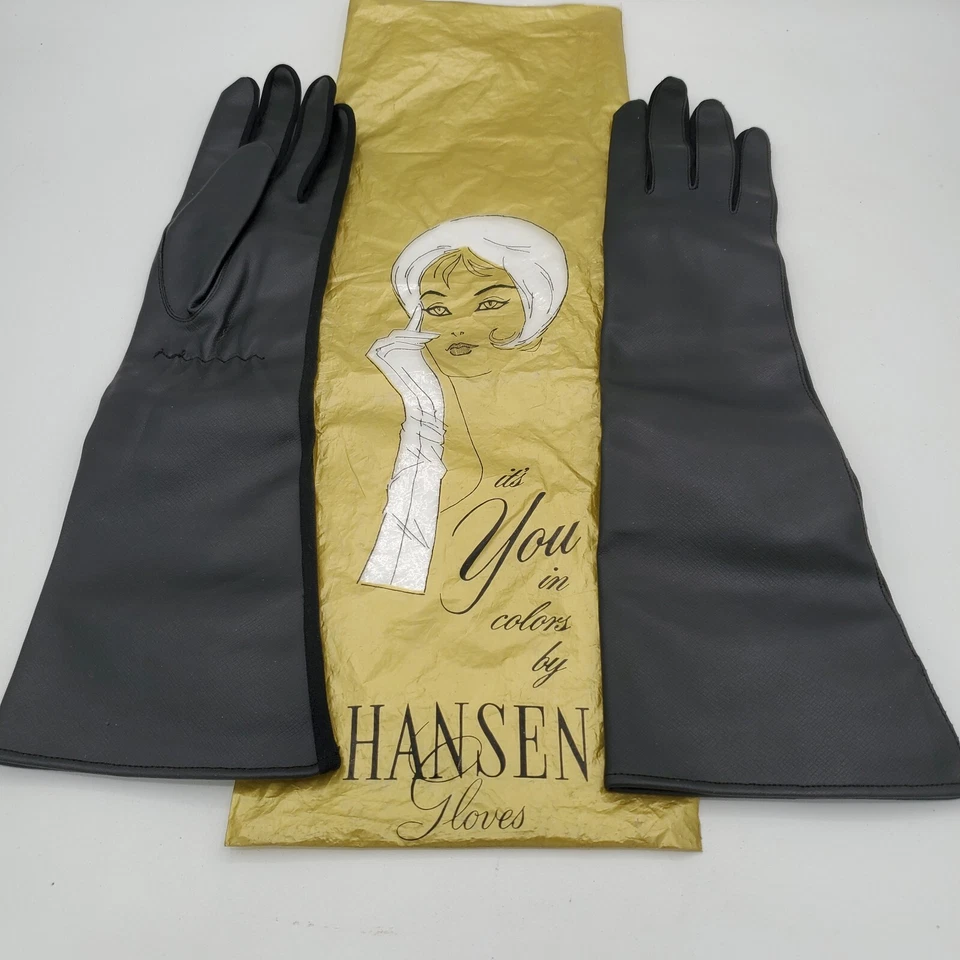 "Guantes de conducción de cuero sintético negros Hansen 14"" vintage años 60 para mujer XS ópera formal" Foto 1 de 4