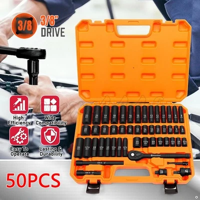 50Pc 3/8" Drive Impact Socket Set  Ratchet Wrench Metric SAE Deep Short Sockets - image 1 of 4