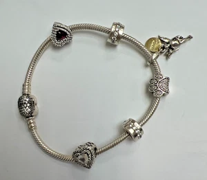 Pandora Moments Sparkling Heart Clasp Snake Chain Bracelet W/ Charms and Clips - Picture 1 of 13