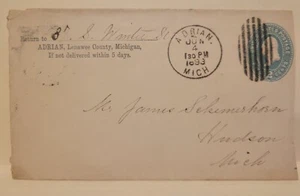 ADRIAN MICHIGAN 1893 YD Entire Printed Return Cover to HUDSON MICHIGAN - Picture 1 of 4