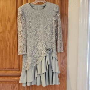 Vintage David Rose Size 8 Gray/Seafoam Cocktail Dress Lace Tiered Rose Skirt USA - Picture 1 of 14