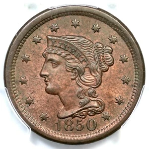 1850 N-7 PCGS MS 64 BN MDS(b) Braided Hair Large Cent Coin 1c - Picture 1 of 3