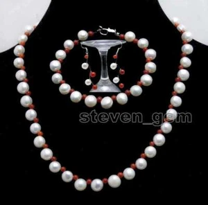 7-8mm Flat Round Side Drilled White Pearl Necklace and Red Coral Necklace Choker - Picture 1 of 7