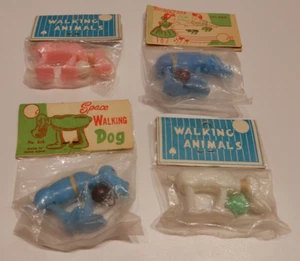 4 Vintage Animal Toys - 3 Walking Dog w/String (White, Pink, Blue) & Blue Rhino - Picture 1 of 5