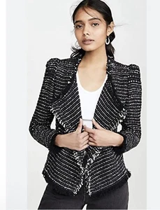 Iro Womens Diana Puff SleevesTweed Jacket Black Fringe Open Size 38/US 6 - Bild 1 von 11