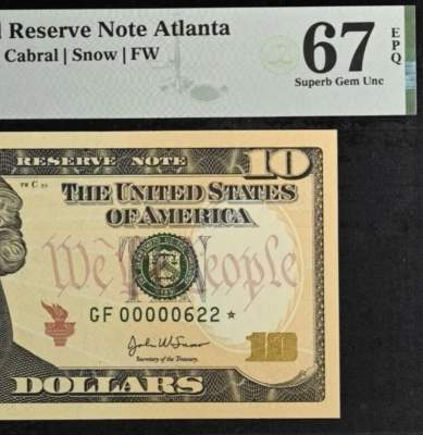 Fr 2039-F* - 2004A $10 FRN Atlanta Star PMG 67EPQ - Low Serial Number 00000622* - Image 1 of 4