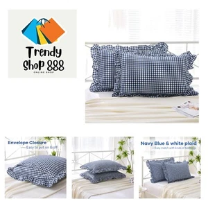 2 Pack Navy Blue White Plaid Ruffle Pillow Shams Standard Size 20x26 inches, ... - Picture 1 of 8
