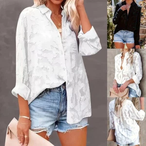 Plus Size Womens Floral Lace T-Shirt Tops Ladies Long Sleeve Button Down Blouse - Picture 1 of 19