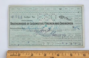 Vintage 1918 Brotherhood of Locomotive Firemen & Enginemen Dues Paid Receipt - Picture 1 of 2