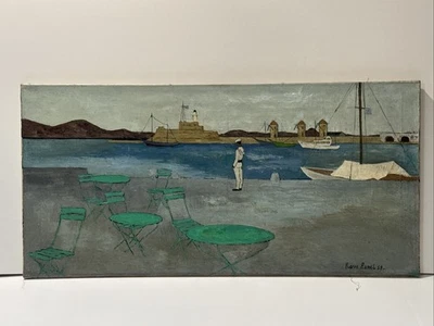 MID CENTURY PAINTING BEACH CHAIRS NAVY SHIP PIERRE RAMEL LARGE OIL ANTIQUE COAST - Image 1 of 4