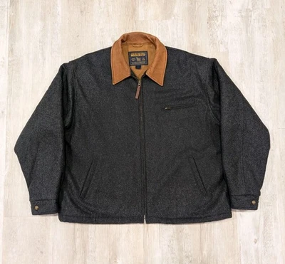 Woolrich Men's 2XL Leather Collar Wool Bomber Jacket Quilt Lined Charcoal Coat - Image 1 of 4