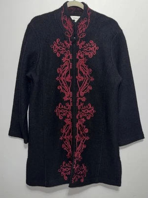 Abrigo Coldwater Creek de lana hervida para mujer grande negro y rojo bordado plumero cremallera Foto 1 de 4