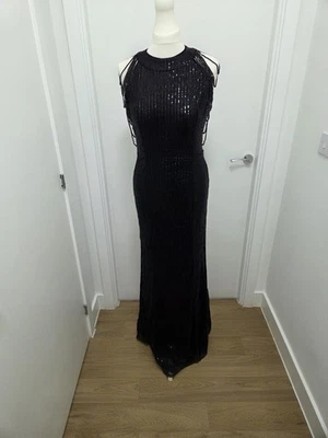 Stunning Black Sequin Beaded Shoulder BallGown Evening Dress Size 12 Maxi Party - Image 1 of 4