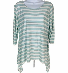 Monroe & Main Women’s Size L Large Top White, Blue, Silver Striped Longer Sides - Picture 1 of 7