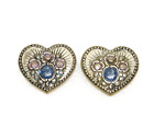 BIG~VINTAGE~HEART~SHAPED~FLORAL~ROSES~ACRYLIC~SILVER~COLORED~POST~EARRINGS
