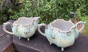 Antique Hand Painted Cream Sugar Set Footed Scalloped Pale Green Gilded Silver - Picture 1 of 8