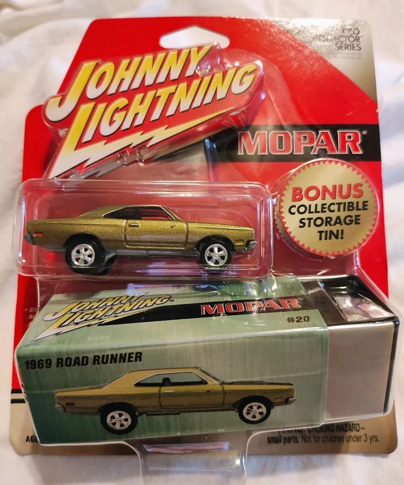 Johnny Lightning 1969 Plymouth Road Runner Mopar Diecast Gold Car + Lata 1/64 #20 Foto 1 de 2