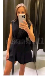 ZARA NEW WOMAN SS24 BLACK BELTED TUXEDO WAISTCOAT REF:7848/187 17.5 Ptp Size XS - Picture 1 of 5