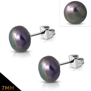 PAIRE DE BOUCLES D'OREILLES FEMME ENFANT FILLE ACIER PERLE NACRE BLEU 7mm EWX073 - Imagen 1 de 1