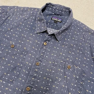 Patagonia Shirt Mens Large Blue Back Step Printed Hemp Organic Cotton Hiking S/S - Picture 1 of 10