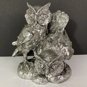 RS Plated Owls 7" Regency International MTX38218 silver metallic resin figurine - Picture 1 of 10