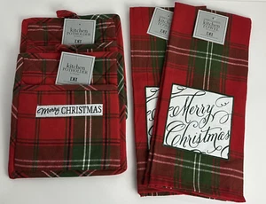 NWT DII Design Imports Red Plaid Merry Christmas Kitchen Towel & Pot Holder Set - Picture 1 of 4