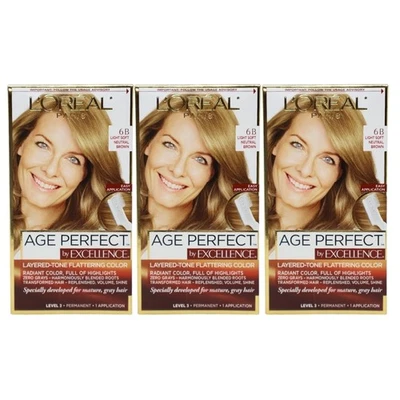 3x Color de Cabello L'Oreal Paris Age Perfect Excellence, 6B Marrón Claro Suave Neutro Foto 1 de 4