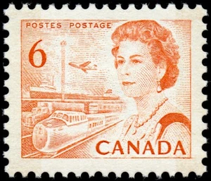Canada Stamp #459bp - Queen Elizabeth II & Transportation (1969) 6¢ W2B, DF - Picture 1 of 1