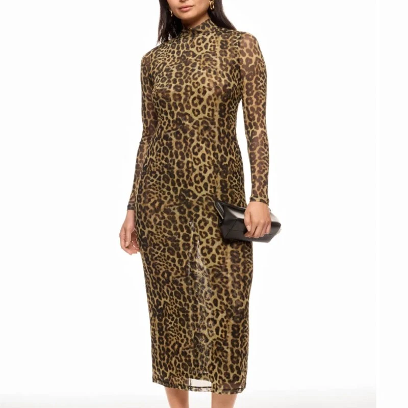Ronny Kobo Leopard Print Mesh Midi Dress MEDIUM Bodycon Sheer Turtleneck $380 - Image 1 of 4