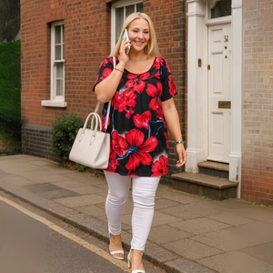 ROCKTHOSECURVES WOMENS SMOCK TOP PLUS SIZE BRIGHT FLORAL SHORT SLEEVE BLOUSE - Picture 1 of 21