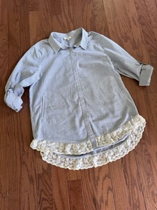 Umgee Sz L Blue Striped Button Down Tunic Blouse Lace Hem Boho Cottagecore - Picture 1 of 12